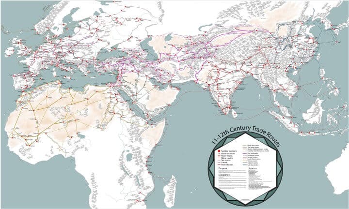 Handelsroutes opgezet tussen Azië, Afrika en Europa in de middeleeuwen