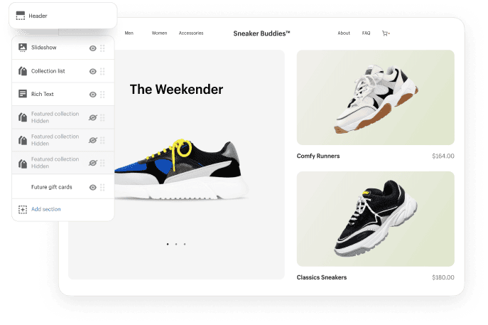 Sneak Buddies storefront using Shopify website builder