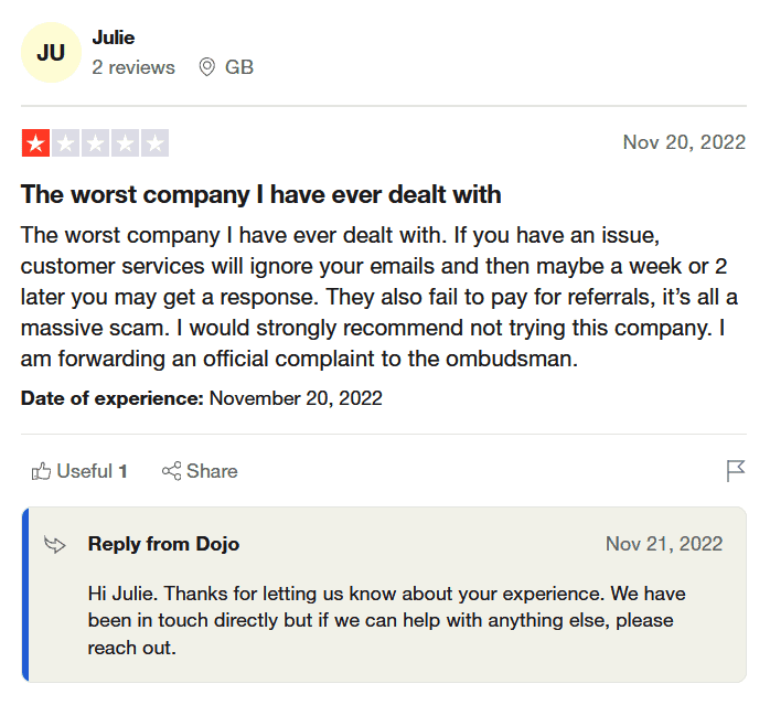 Dojo Go Trustpilot Negative Review