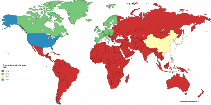 World Divided Into 4 Regions With The Same GDP