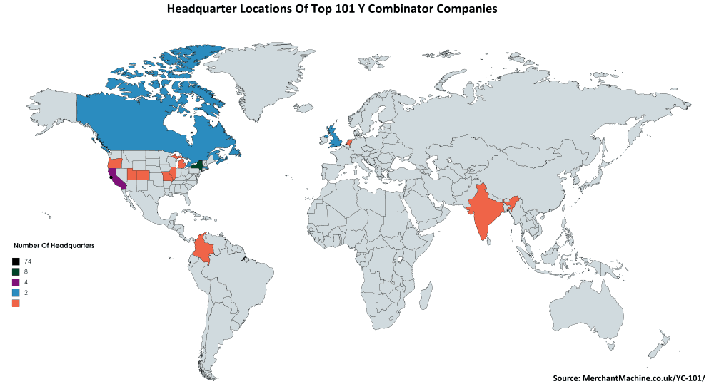 Headquarter Locations Of Top 101 Y Combinator Companies