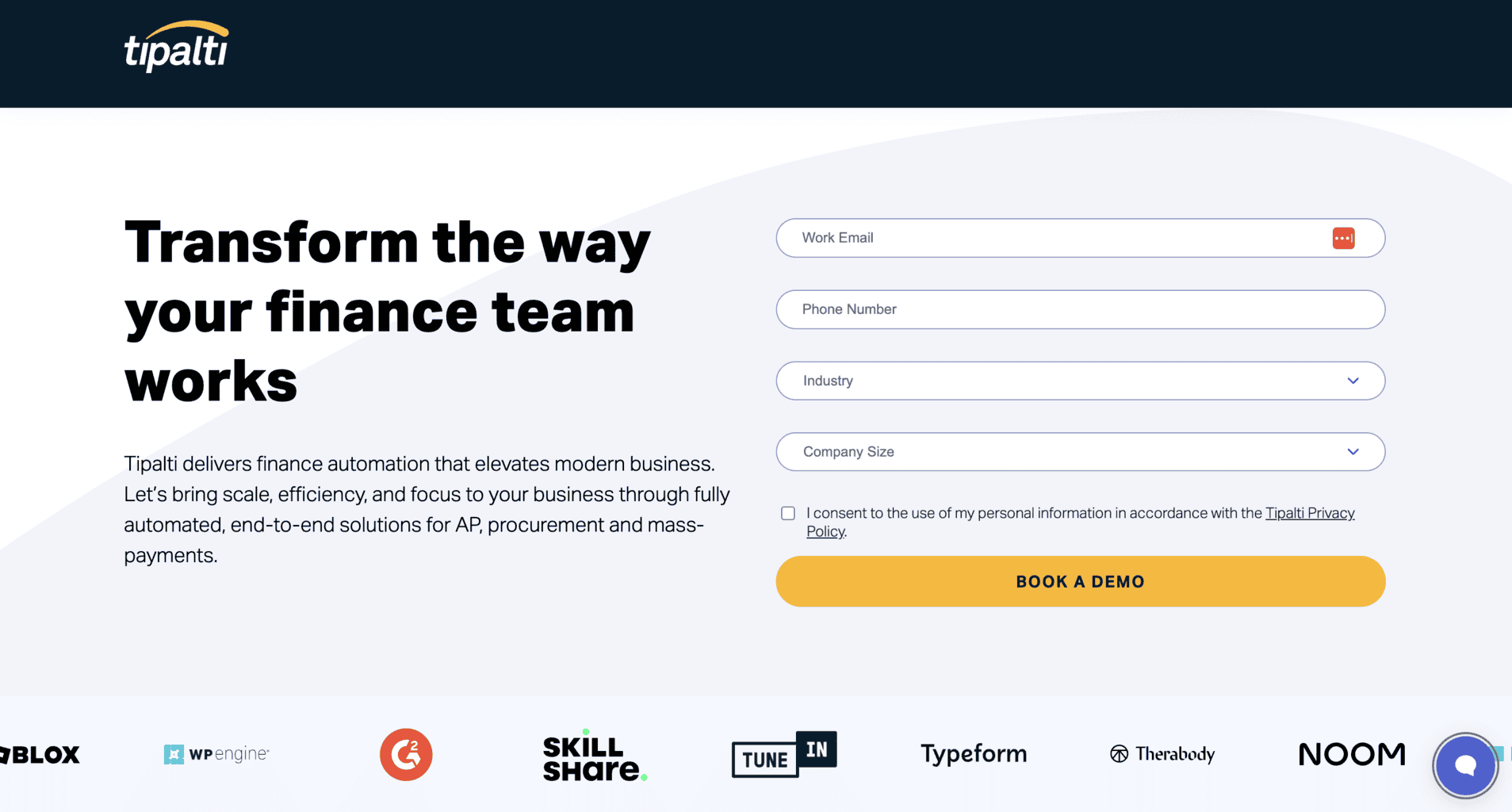 Tipalti landing page