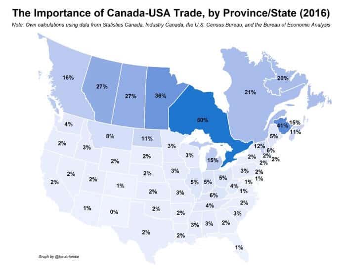 Interesting Map Showing The Importance of Canada-USA Trade By State/Province