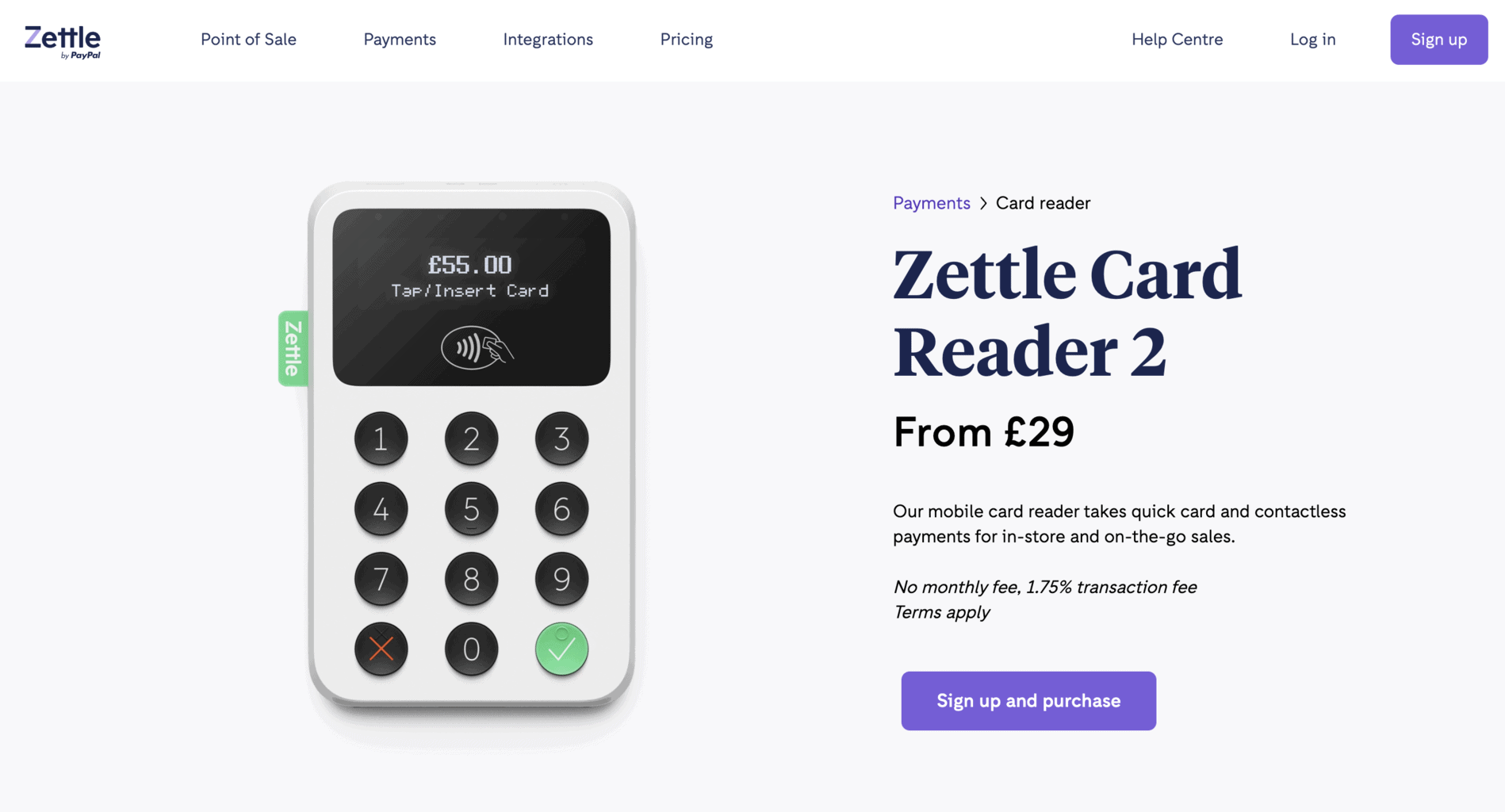 Zettle Reader Landing Page